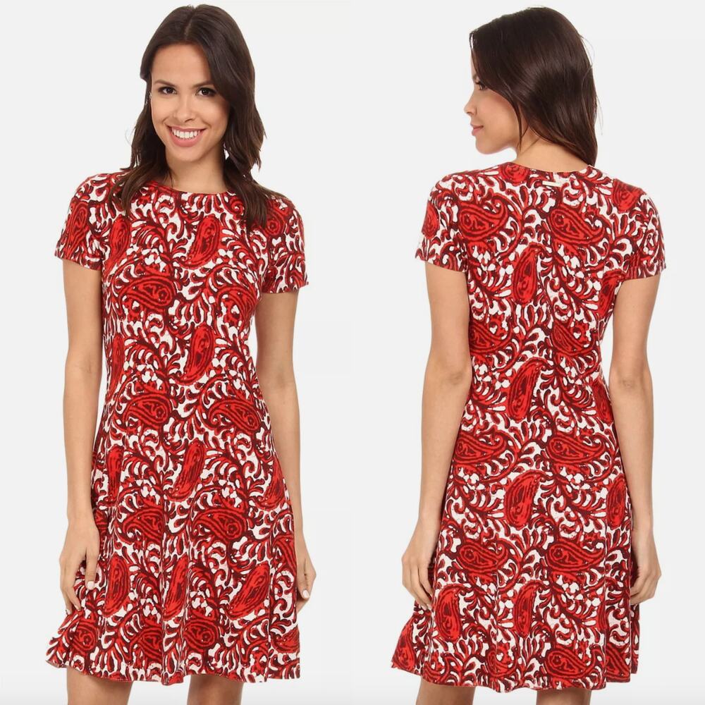 Michael Michael Kors Red White Paisley Print Sweater Knit Dress Size Small